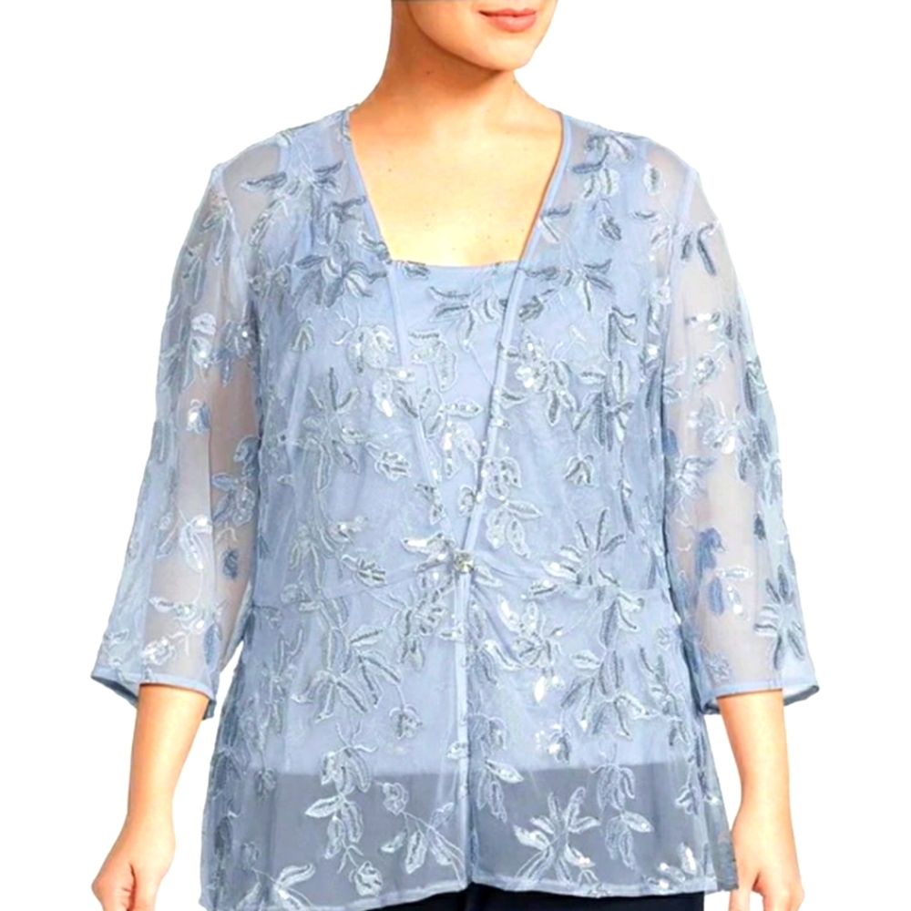 1X Plus Size 2PC Sequined Blouse Blue Dressy top event blouse Alex Evenings NWT